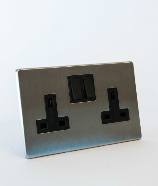 STEEL DOUBLE PLUG SOCKET 2 Gang Silver & Black