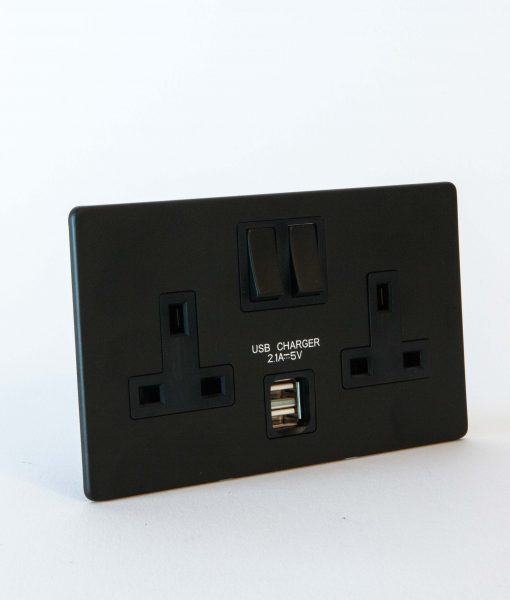 BLACK DOUBLE PLUG SOCKET USB 2 Gang Black