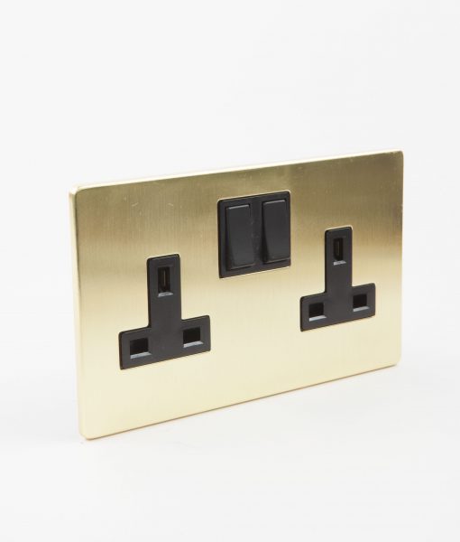 Brass Socket, 2 Gang Gold Plug Socket with Black Inserts