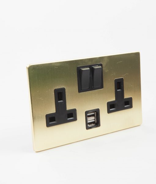 Brass Socket, 2 Gang Gold USB Plug Socket with Black Inserts