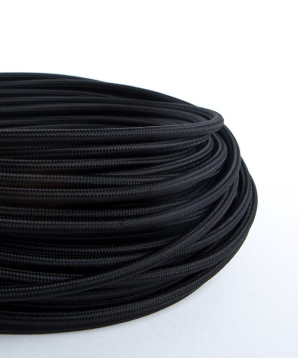 closeup of black fabric cable coil against white background