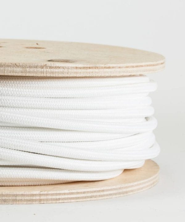 closeup of white fabric cable on reel against white background