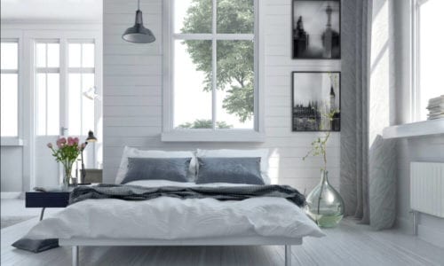 enamel lighting in a scandi inspired bedroom