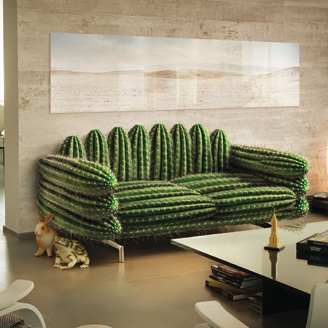 cactus inspired sofa in a stone marble interior