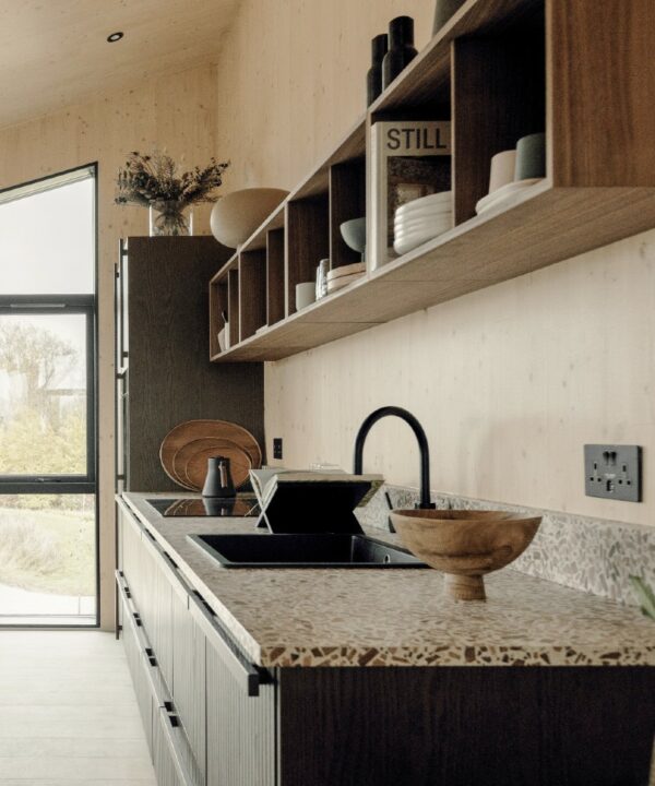 black double socket with usb installed on a wood cladded wall in a kitchen