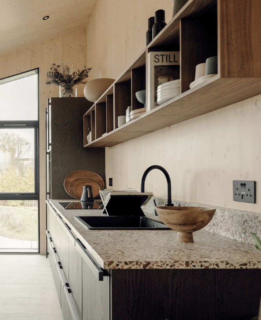 black double socket with usb installed on a wood cladded wall in a kitchen