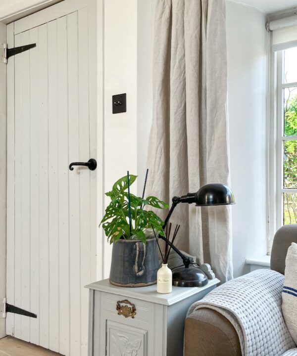 black and silver double toggle switch installed on a white wall besides an off-white painted wooden door