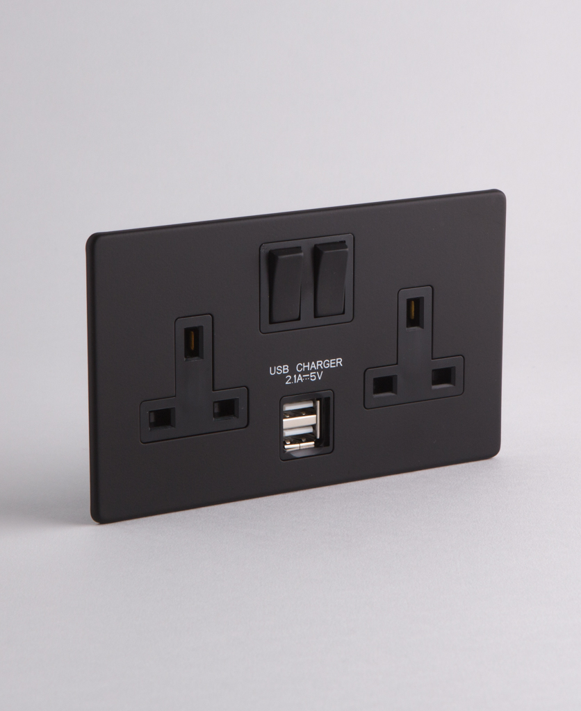 BLACK DOUBLE PLUG SOCKET USB 2 Gang Black