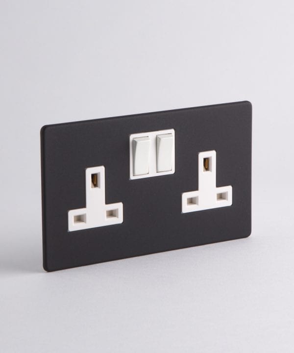 black wall socket with white inserts on a white background