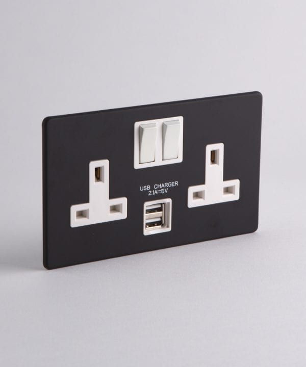 black double socket with usb with white inserts on white background