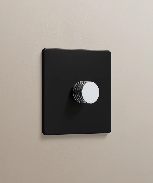 black single gang dimmer with chrome knurled dimmer knob