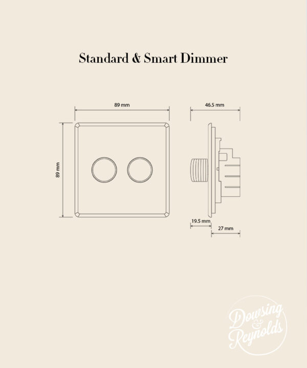 line drawing of a double dimmer switch with dimensions