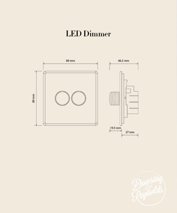 line drawing of a double LED dimmer switch with dimensions