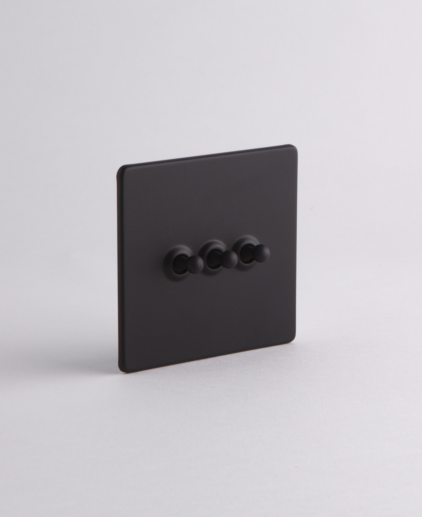 Black Triple Toggle Light Switch with Black, Brass or Silver Toggles