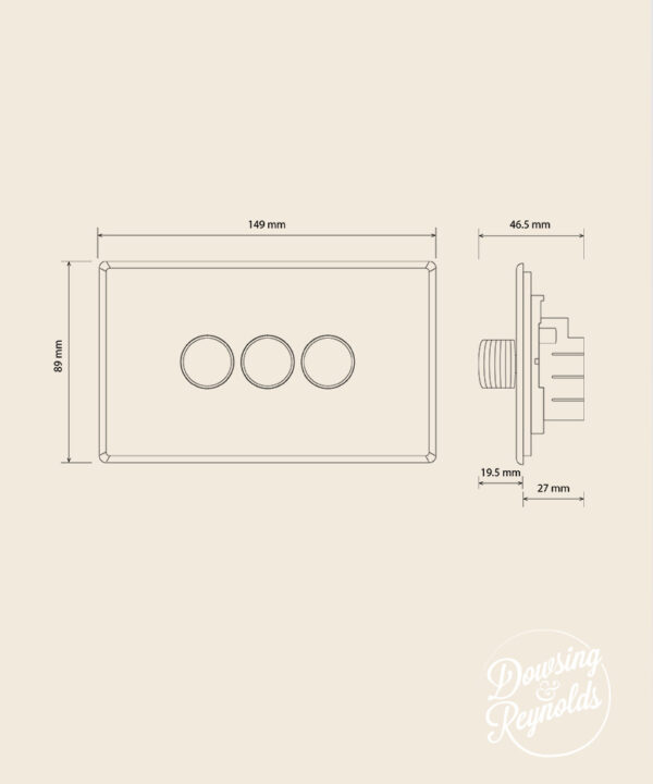 line drawing of a triple dimmer switch with dimensions