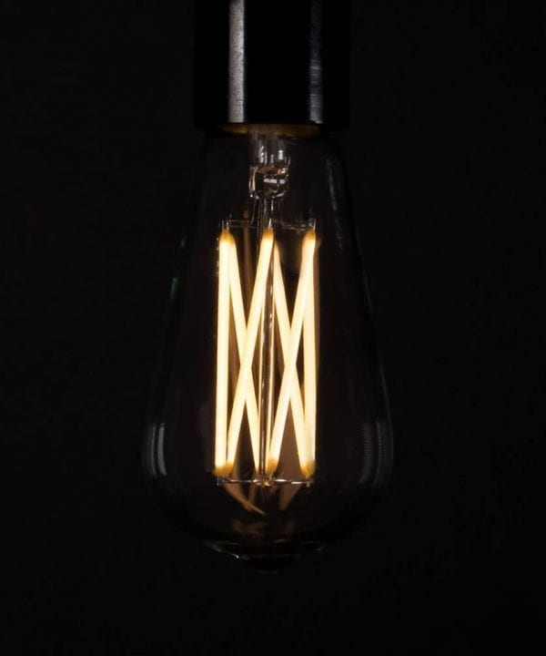 Large pear squirrel cage filament LED warm light bulbs against a black background