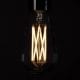 Large pear squirrel cage filament LED warm light bulbs against a black background