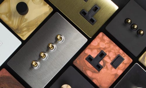 selection of dimmer switches, toggler switches and plug sockets in various finishes