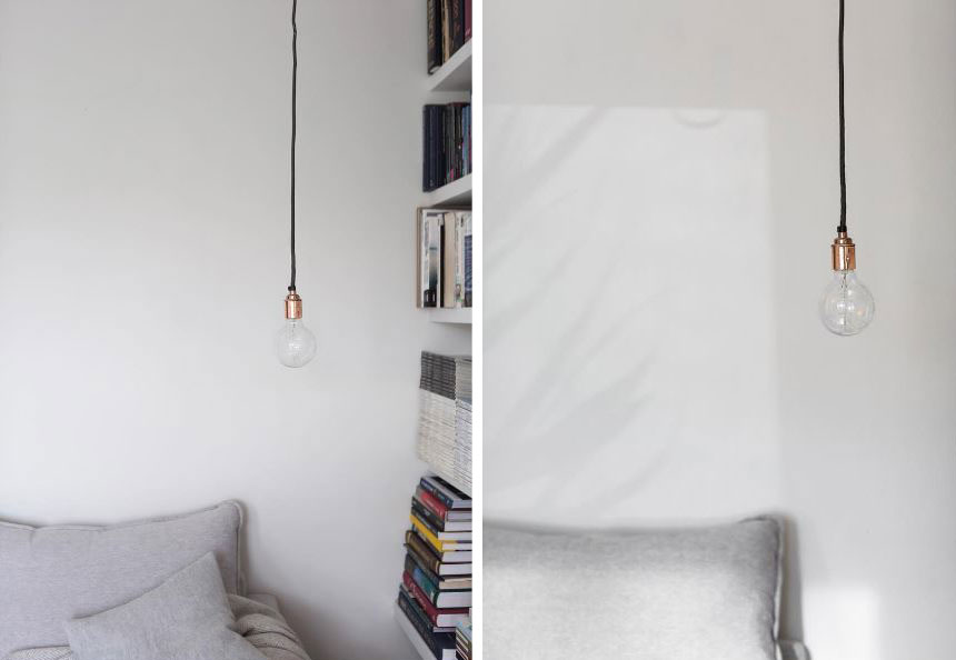 left images shows bare filament light bulb suspended from copper bulb holder and black fabric cable in white bedroom, right image shows closeup of the pendant light