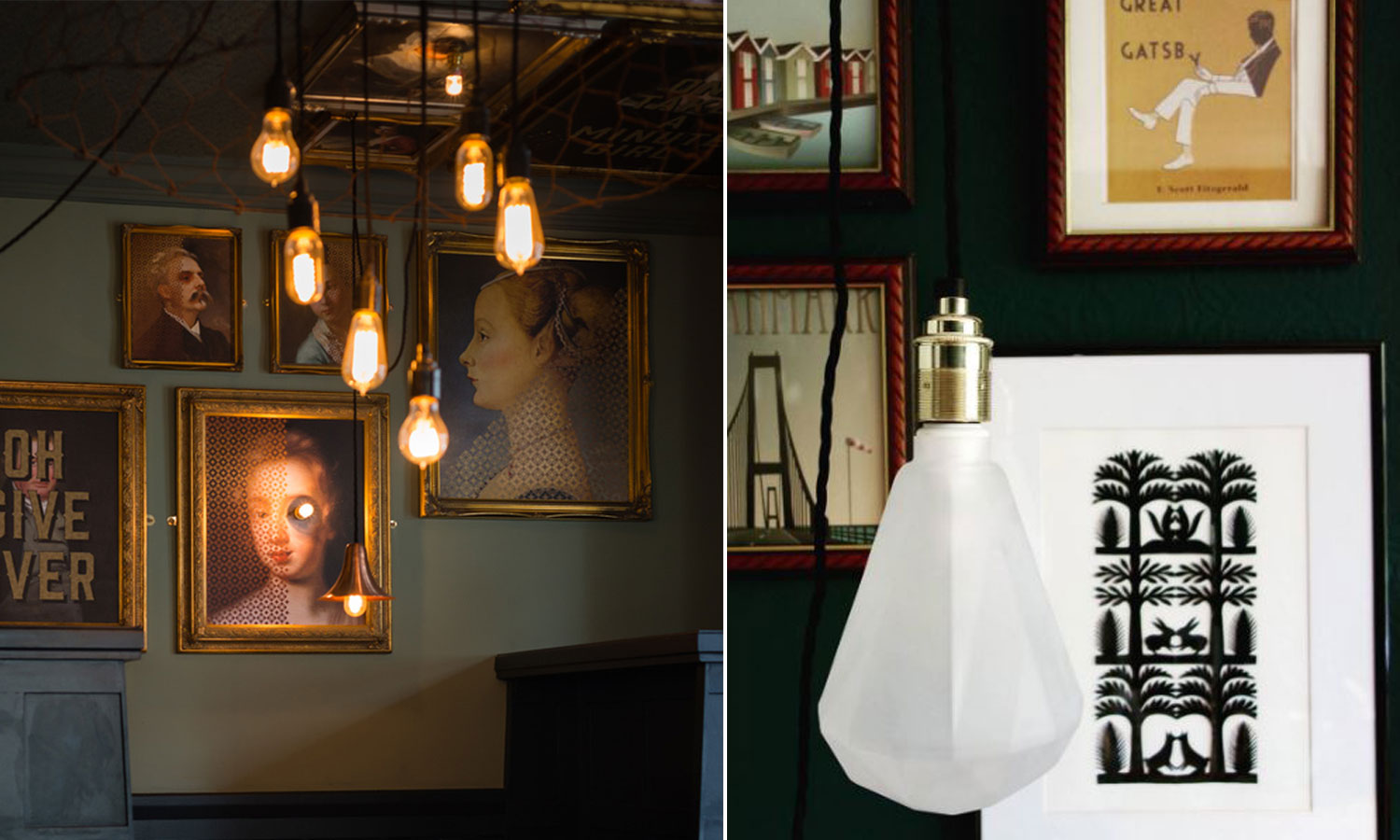 left image 6 bulbs suspended with framed paintings, right image frosted diamond bulb in front of framed prints