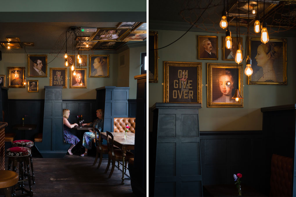 left image shows a view of the better half pub completre with gallery wall and cluster light pendant, right image shows closeup of bare filament light bulbs