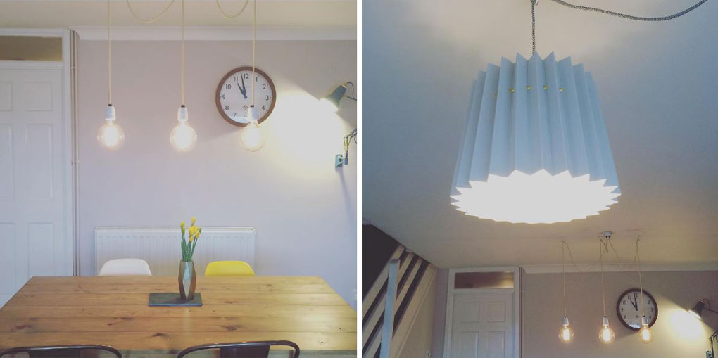 collage of two pictures. the photo on the left shows a series of bare bulbs suspended above a wooden dining table, the image on the left shows  a white paper lampshade in the same room