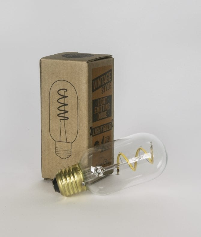 LED radio valve light bulb with box against white background