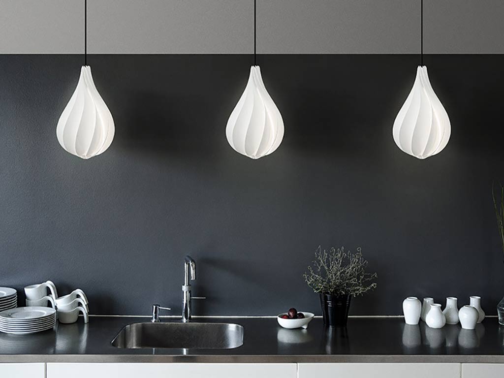 3 vita alva medium white lampshade pendants above kitchen counter