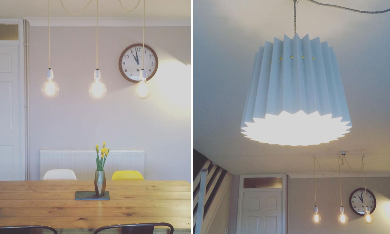 left image 3 bulb pendants above table, right image light blue origami lamp shade