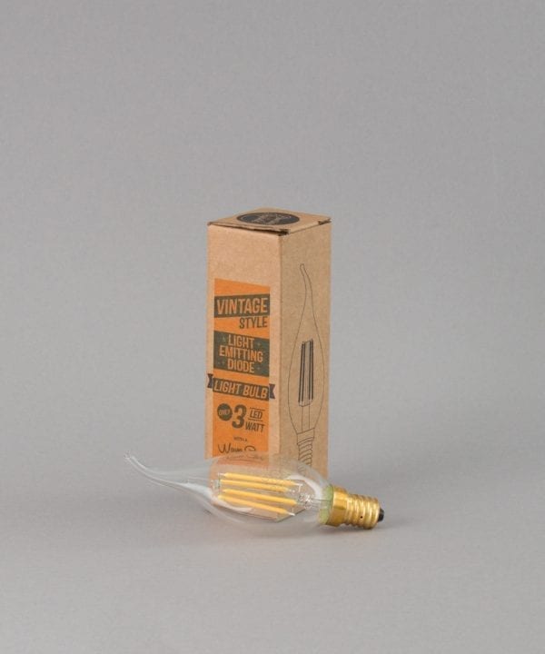 E14 LED candle bulbs with squirrel cage filament against grey background with box