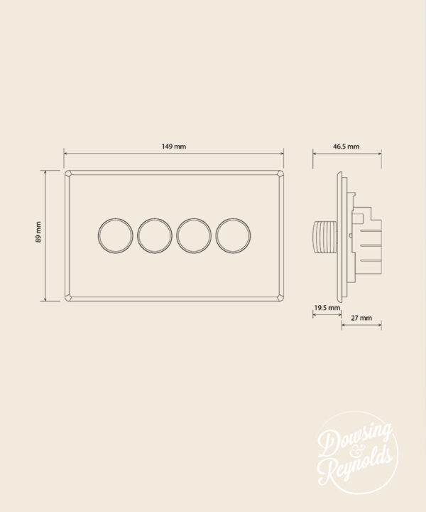 line drawing of a quadruple dimmer switch with dimensions