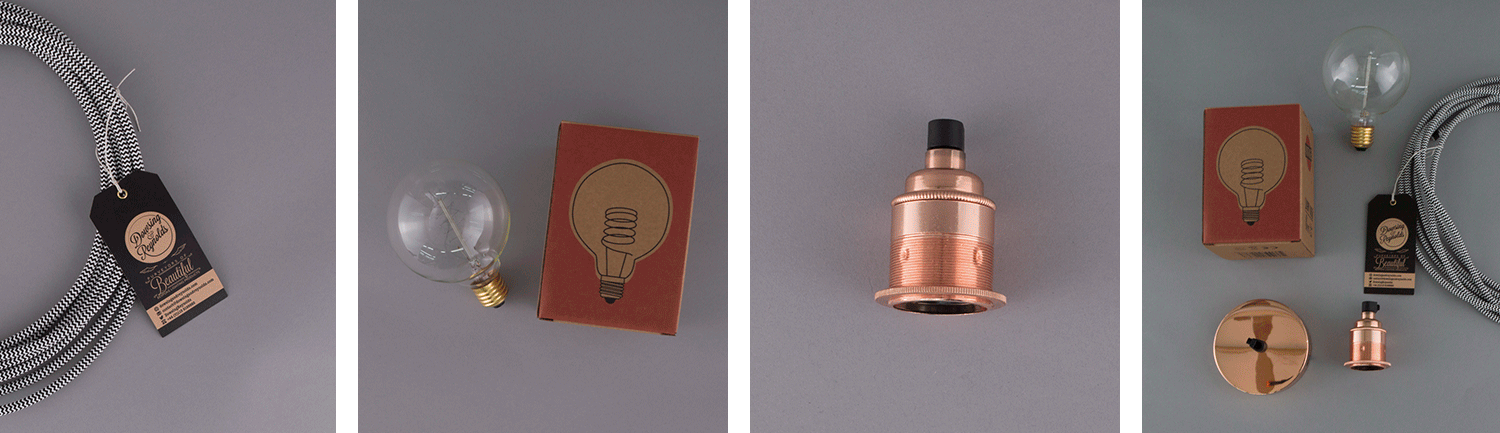 collage of lighting components; black and white fabric cable, globe spiral bulb, copper bulb holder and copper ceiling rose