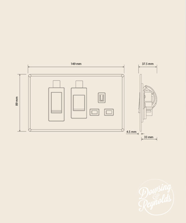line drawing of a double plate with cooker switch and socket with dimensions