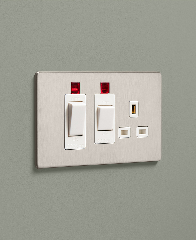 brushed silver kitchen cooker switch and plug socket