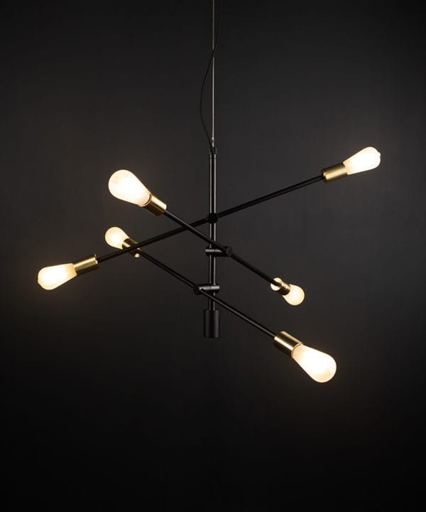 black modern chandelier with frosted pear bulbs against black background