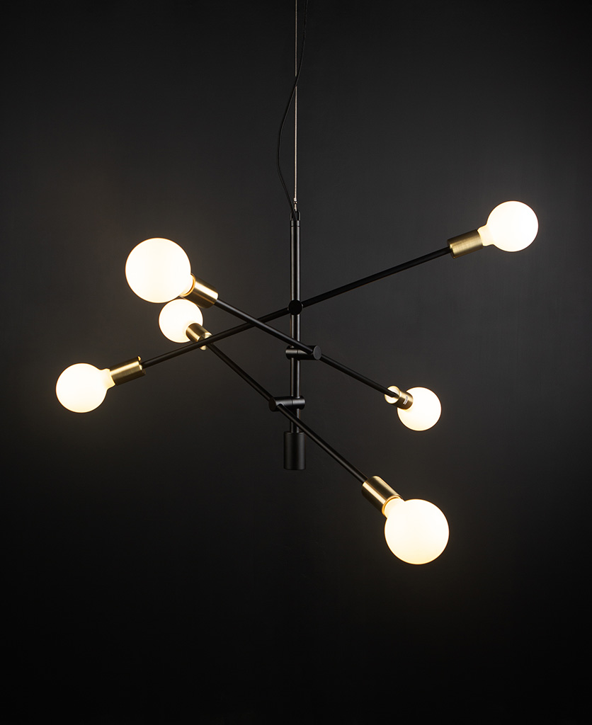 black modern chandelier with opal bulbs against black background