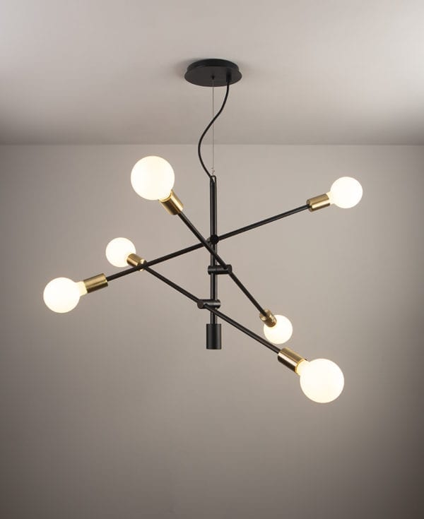 black modern chandelier with opal bulbs on grey ceiling