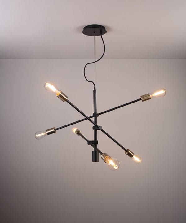 black modern chandelier with clear pear bulbs on a grey background