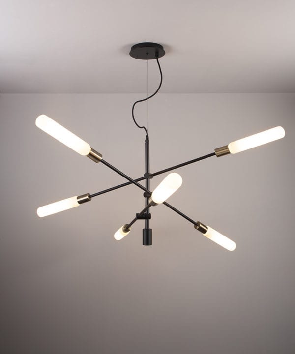 black modern chandelier with luna opal bulbs on grey background