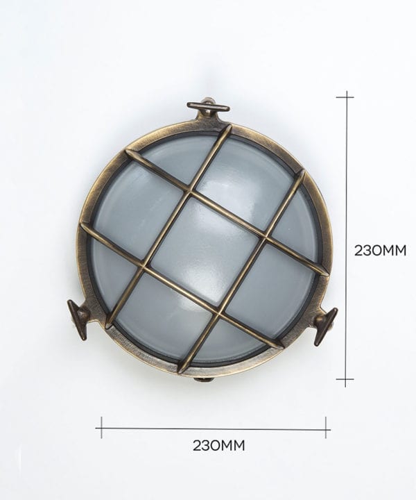 chris aged brass against white background with dimensions