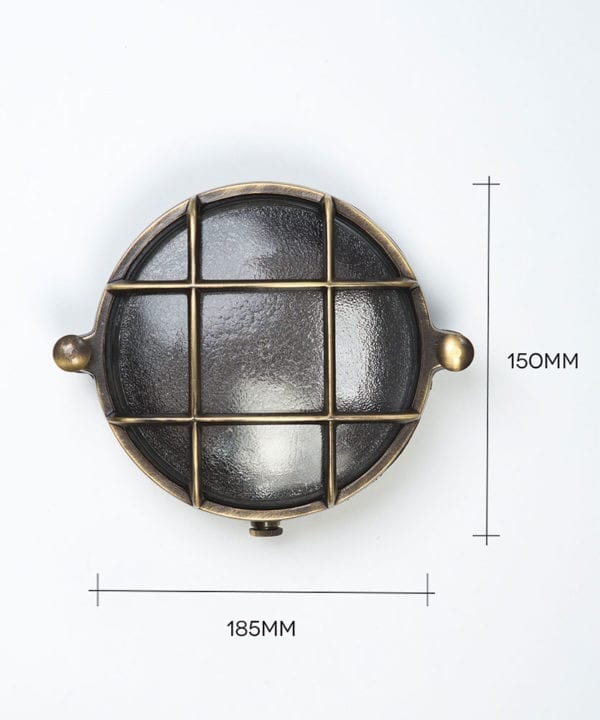 mark aged brass bulkhead light against white background with dimensions