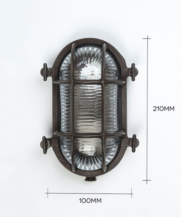 steve pewter bulkhead light against white background with dimensions