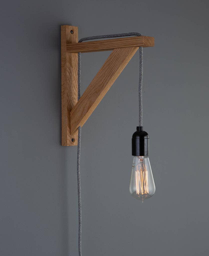 Hebden Rustic Bedroom Wall Light Oak With Fabric Cable Hebden Rustic Bedroom Wall Light