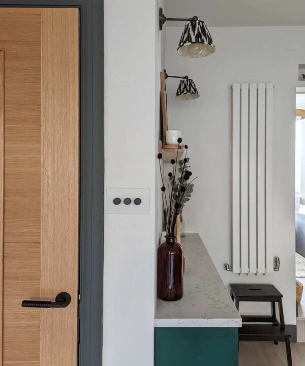 white and black triple dimmer switch beside a wooden door in a white and green kitchen
