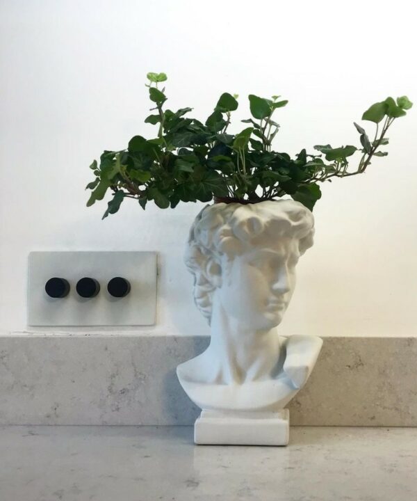 white and black triple dimmer installed on a white wall besides a white Grecian bust plant pot