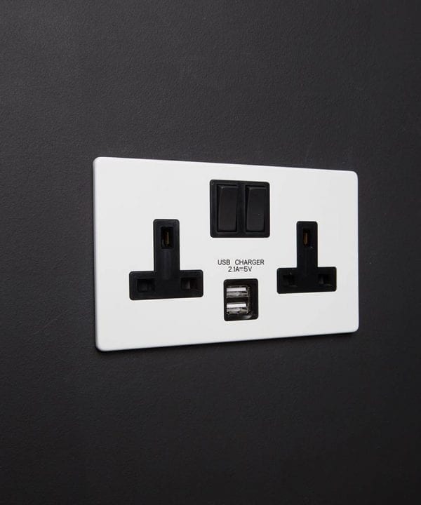 white double usb plug sockets with black inserts and USB ports on black wall