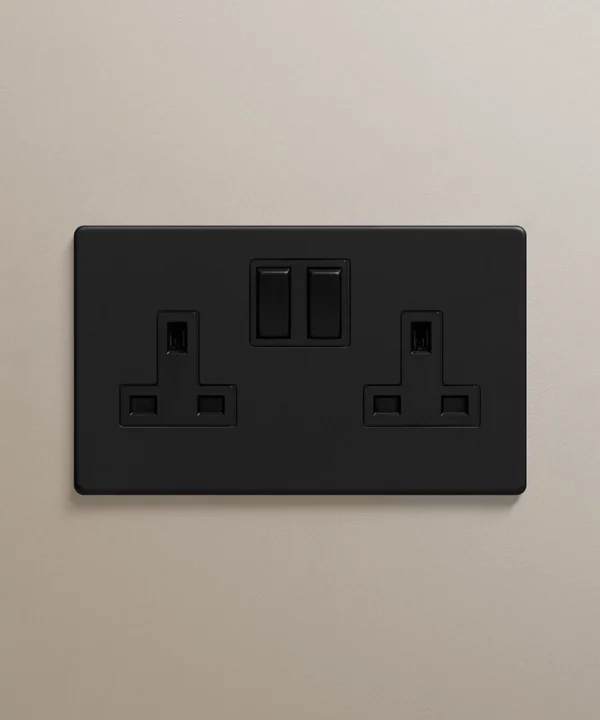 Matt black plug socket on a neutral wall