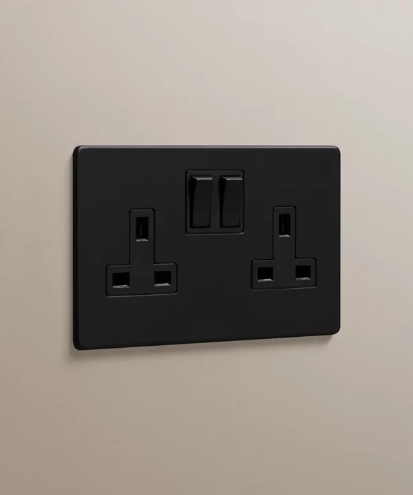 matt black 2 gang double plug socket on a neutral taupe wall