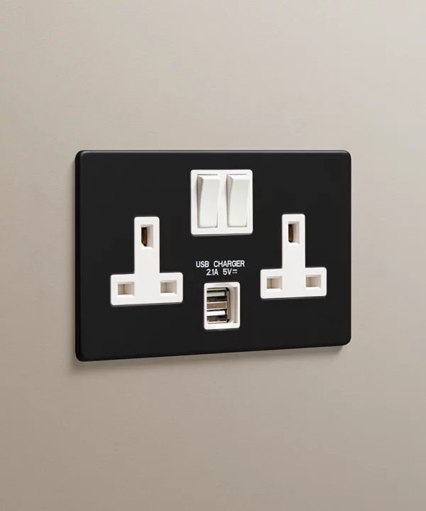 matt black double 2 gang socket with USB & USBC charging ports on a neutral taupe painted wall