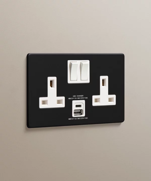 Black double socket with USB and USB-C